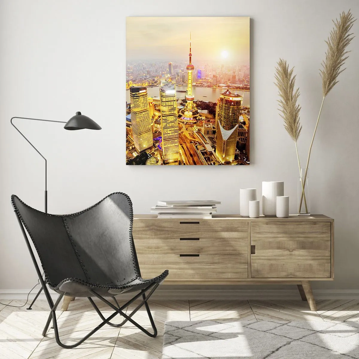 Cuadro sobre vidrio - Impresiones sobre Vidrio - Panorama de la ciudad al atardecer con rascacielos. - 50x70cm - Sueño asiático - Decoración de pared moderna para salón y dormitorio ARTTOR