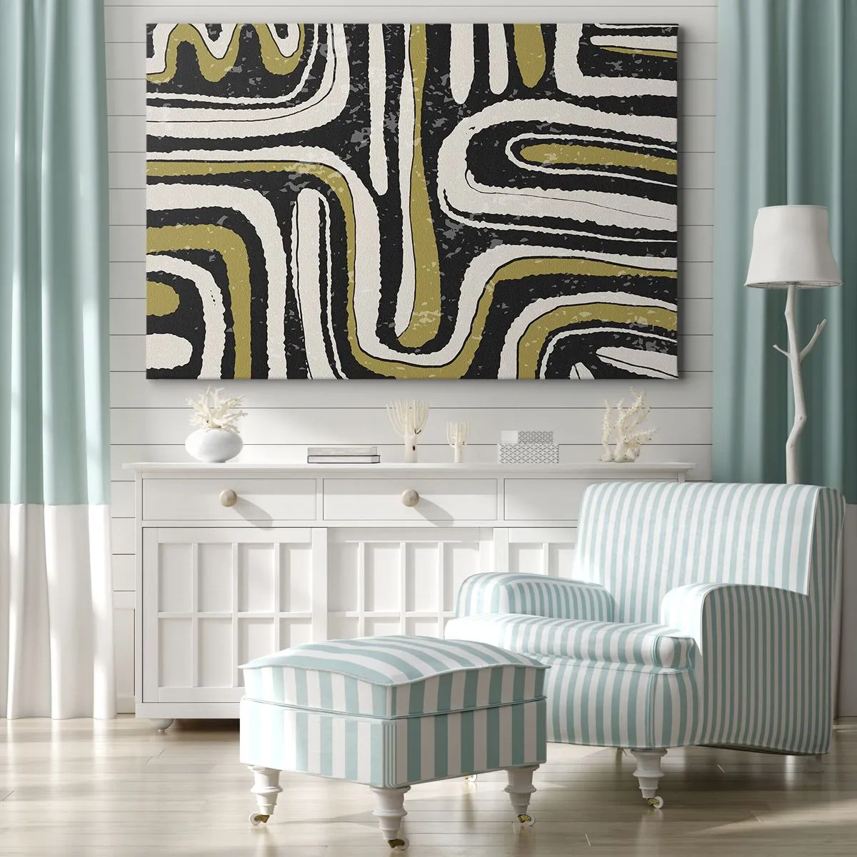 Cuadro sobre lienzo - Impresión de Imagen - Patrón abstracto en negro, blanco y dorado. - 100x70cm - Composición: tramos y callejones - Decoración de pared moderna para salón y dormitorio ARTTOR