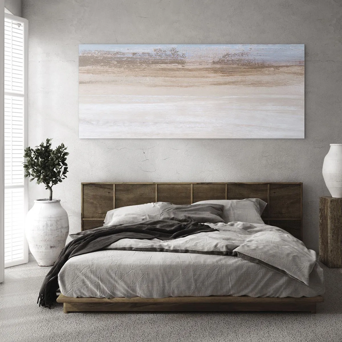 Cuadro sobre vidrio - Impresiones sobre Vidrio - Un paisaje sutil en tonos pastel de azul y beige. - 120x50cm - Paisaje ambiguo - Decoración de pared moderna para salón y dormitorio ARTTOR