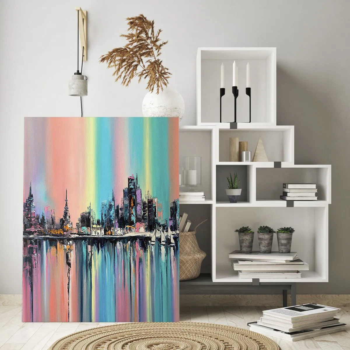 Cuadro sobre vidrio - Impresiones sobre Vidrio - Panorama abstracto de la ciudad con un fondo multicolor - 50x70cm - Flota con la luz de la noche - Decoración de pared moderna para salón y dormitorio ARTTOR