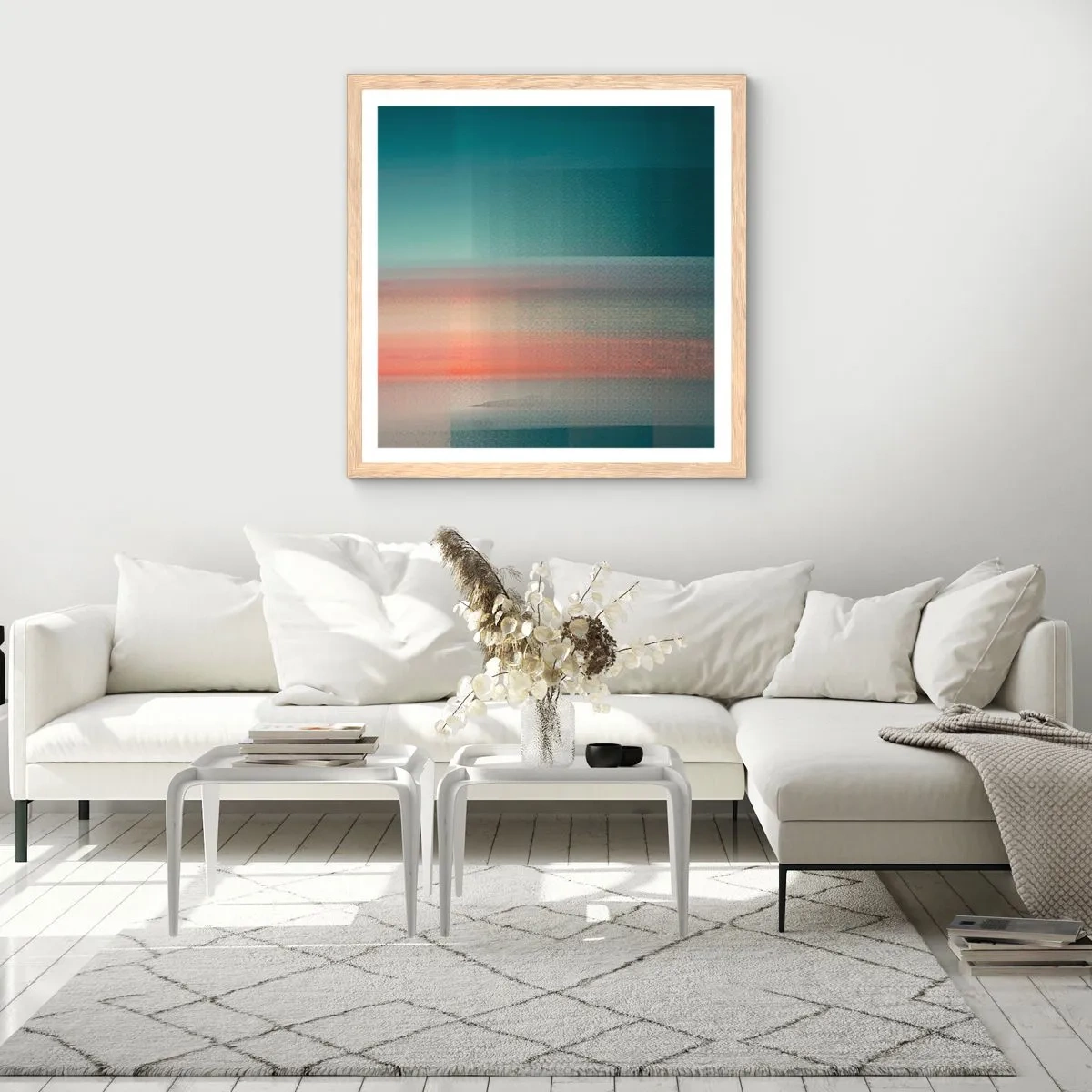 Póster en marco roble claro - Abstracción: ondas de luz - 30x30 cm