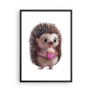 Póster en marco negro - Un lindo erizo sosteniendo un cupcake colorido. - 50x70cm - La celebración es diaria - Decoración de pared moderna para salón y dormitorio ARTTOR