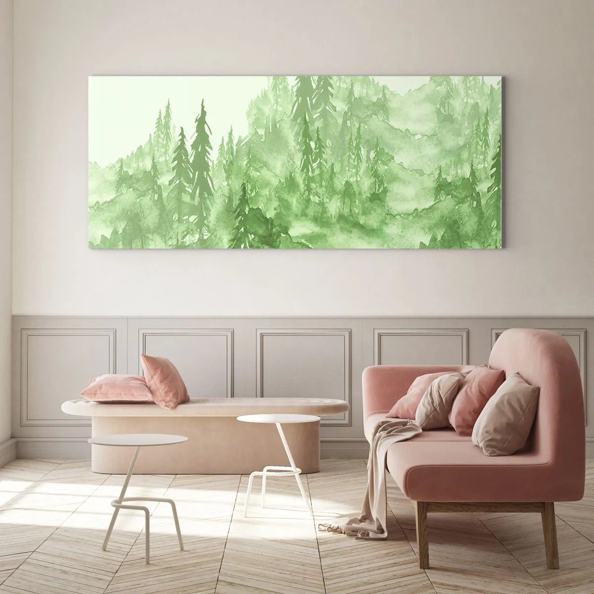 Cuadro sobre vidrio - Impresiones sobre Vidrio - Bosque verde en estilo acuarela sobre un fondo claro - 160x50cm - Difuminado con niebla verde - Decoración de pared moderna para salón y dormitorio ARTTOR