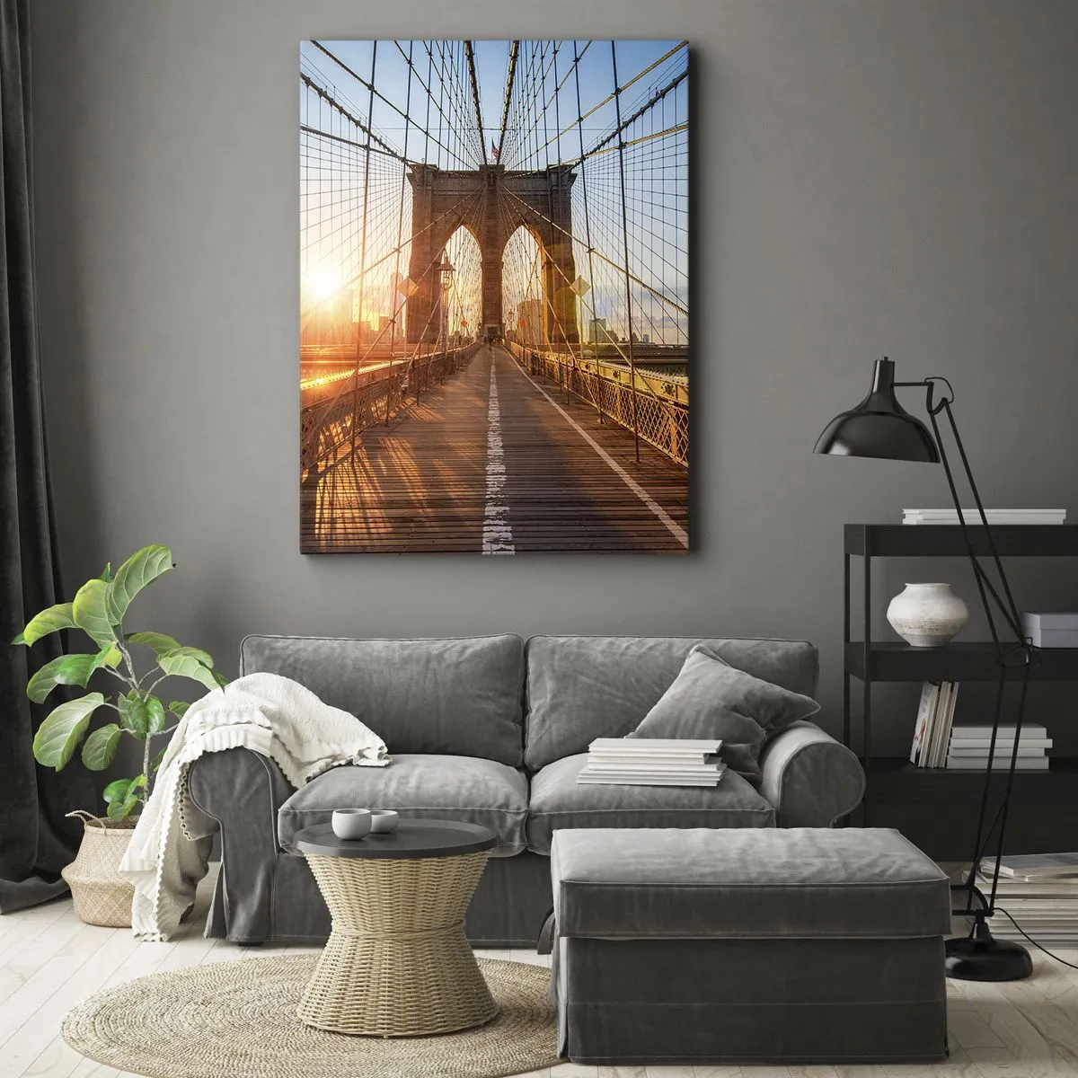 Cuadro sobre lienzo - Impresión de Imagen - El puente a la luz del sol poniente con vistas a la ciudad. - 80x120cm - En el puente dorado - Decoración de pared moderna para salón y dormitorio ARTTOR