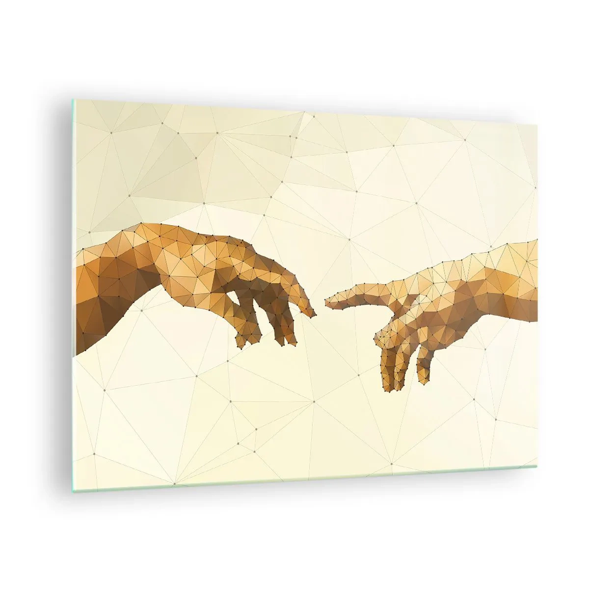 Cuadro sobre vidrio - Impresiones sobre Vidrio - Una versión estilizada de la pintura 'La creación de Adán' en técnica poligonal. - 70x50cm - Geometría divina - Decoración de pared moderna para salón y dormitorio ARTTOR
