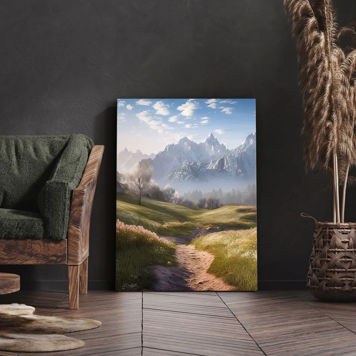 Cuadro sobre lienzo - Impresión de Imagen - Un valle de montaña con prados, cabañas y vistas a los picos. - 80x120cm - Valle idílico - Decoración de pared moderna para salón y dormitorio ARTTOR