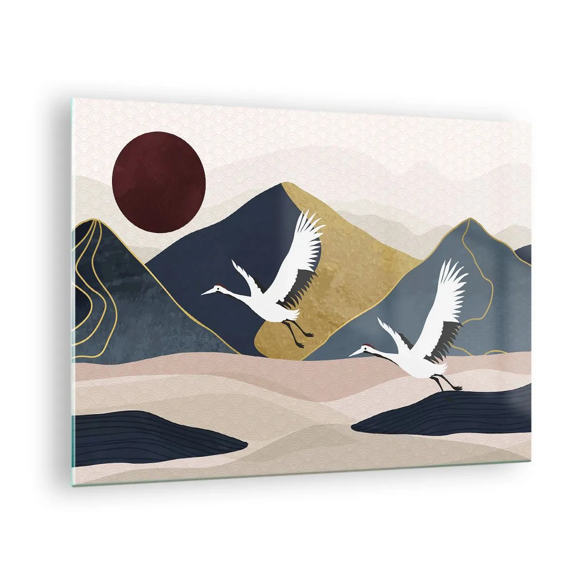 Cuadro sobre vidrio - Impresiones sobre Vidrio - Dos grullas volando sobre un paisaje ondulado con un sol rojo. - 70x50cm - Y el día ha vuelto a pasar volando - Decoración de pared moderna para salón y dormitorio ARTTOR