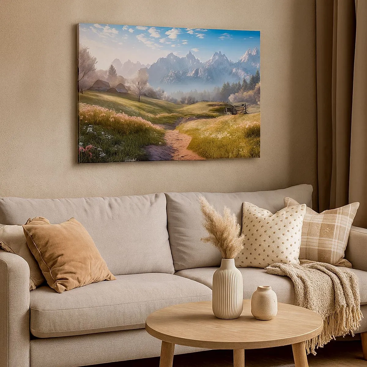 Cuadro sobre lienzo - Impresión de Imagen - Un valle de montaña con prados, cabañas y vistas a los picos. - 70x50cm - Valle idílico - Decoración de pared moderna para salón y dormitorio ARTTOR
