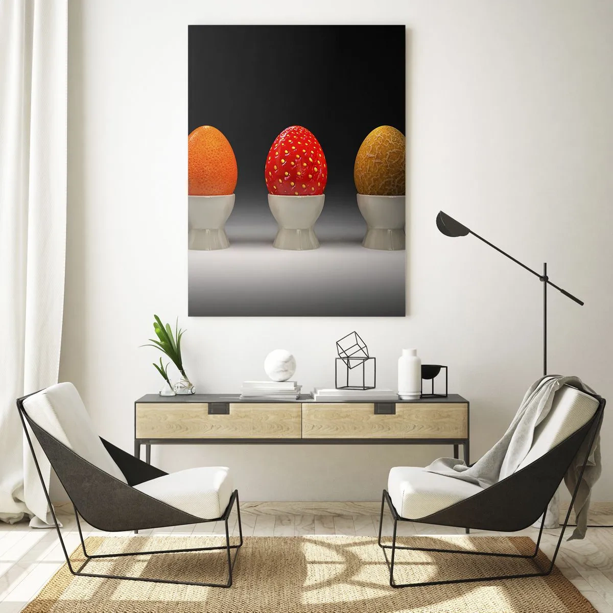 Cuadro sobre vidrio - Impresiones sobre Vidrio - Huevos en cáscaras de fruta en un soporte - 50x70cm - Desayuno de frutas - Decoración de pared moderna para salón y dormitorio ARTTOR
