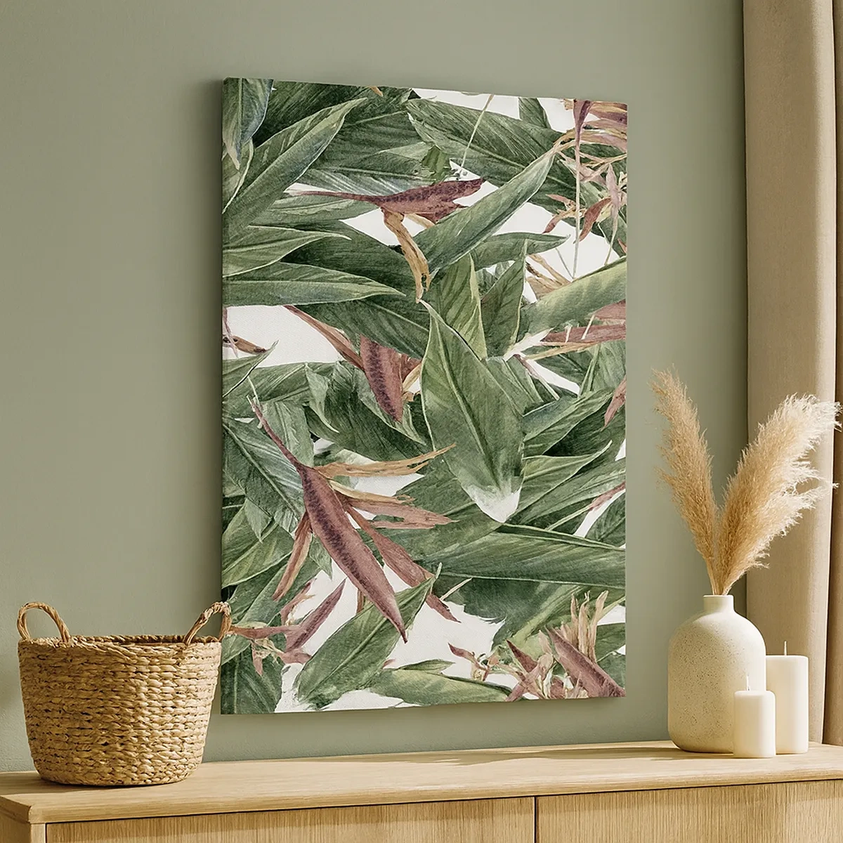 Cuadro sobre lienzo - Impresión de Imagen - Un motivo decorativo de hojas en tonos verdes y burdeos sobre un fondo claro. - 50x70cm - Naturaleza esmeralda y lila - Decoración de pared moderna para salón y dormitorio ARTTOR
