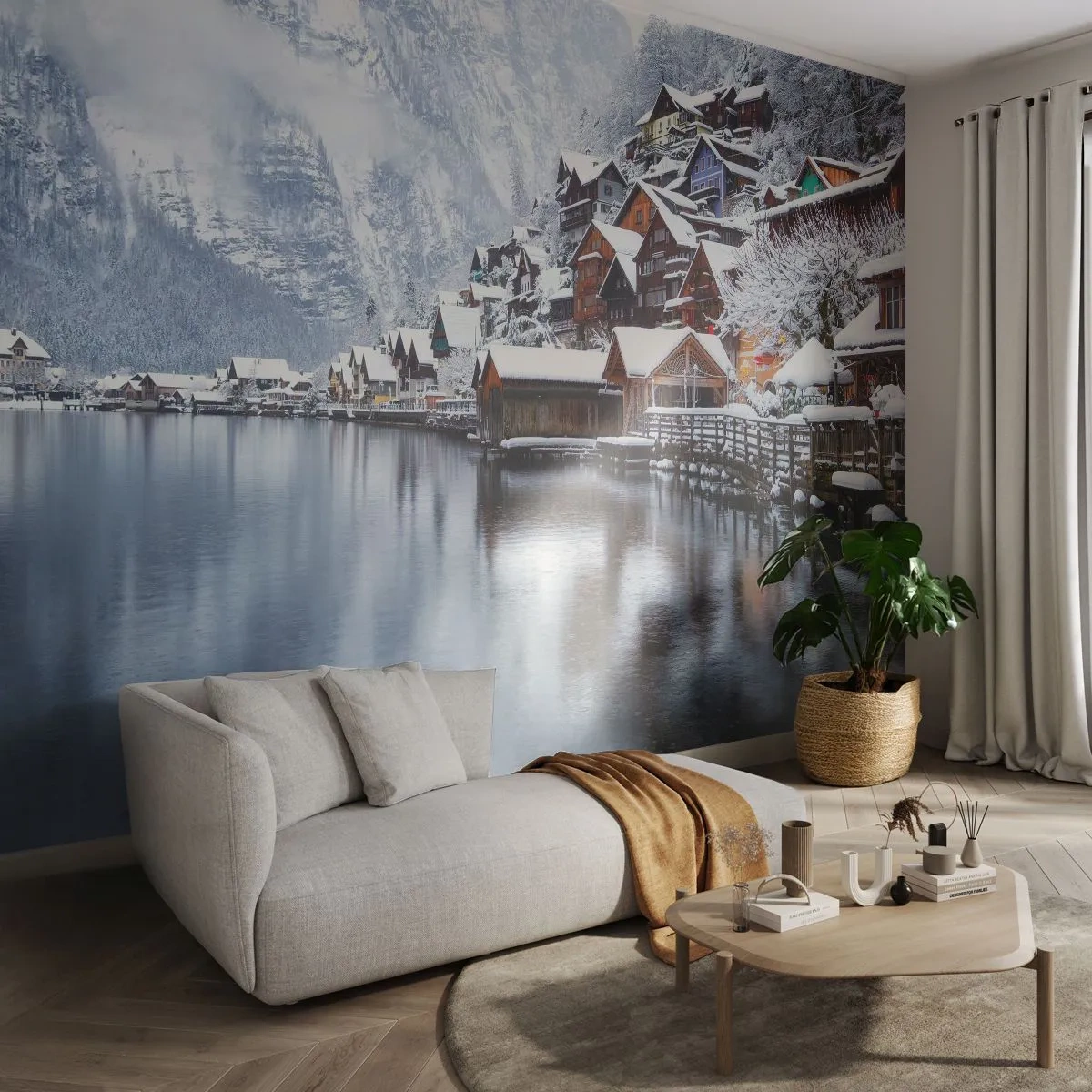 Fotomural Autadhesivo Deluxe Sticker - En un decorado de invierno - Paisaje, Asentamiento de montaña, Invierno - 250x175 cm