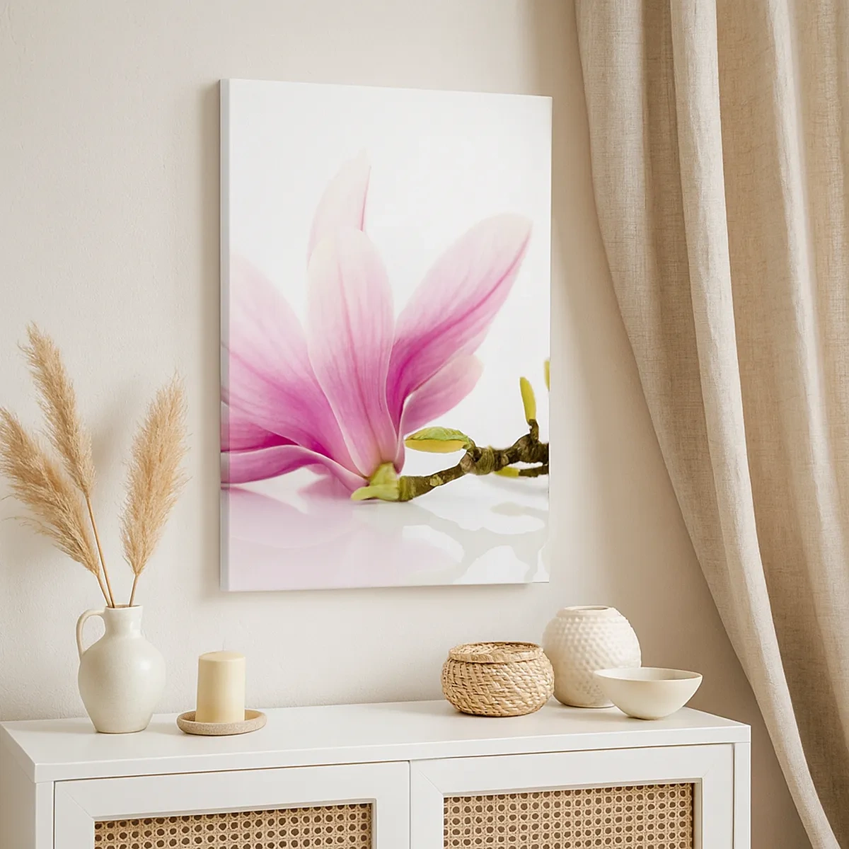 Cuadro sobre lienzo - Impresión de Imagen - Delicadas magnolias rosas sobre un fondo blanco. - 50x70cm - Suave como un soplo de primavera - Decoración de pared moderna para salón y dormitorio ARTTOR