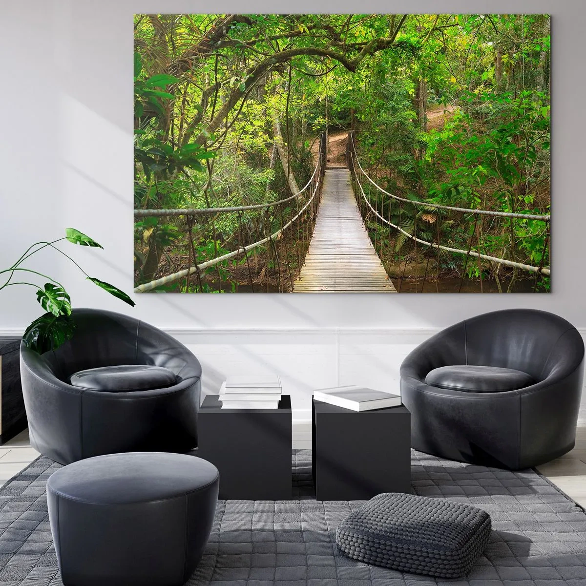 Cuadro sobre vidrio - Impresiones sobre Vidrio - Puente colgante en un bosque tropical - 100x70cm - Porque la vid crece en el jardín - Decoración de pared moderna para salón y dormitorio ARTTOR