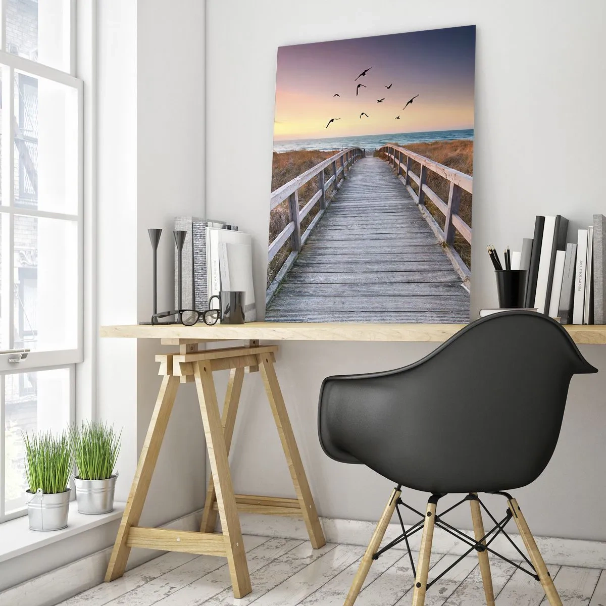 Cuadro sobre vidrio - Impresiones sobre Vidrio - Muelle de madera que conduce a la playa al atardecer - 70x100cm - Camino a lo desconocido - Decoración de pared moderna para salón y dormitorio ARTTOR