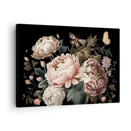 Cuadro sobre lienzo - Impresión de Imagen - Un ramo de flores rosas y mariposas sobre un fondo negro. - 70x50cm - En estilo barroco - Decoración de pared moderna para salón y dormitorio ARTTOR