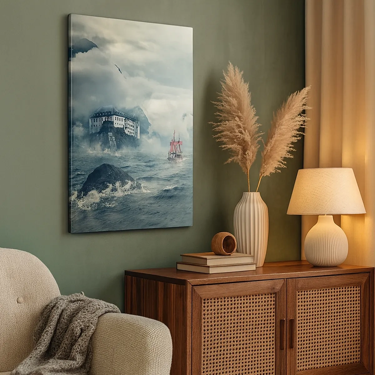 Cuadro sobre lienzo - Impresión de Imagen - Un paisaje misterioso con un castillo, montañas y un barco. - 50x70cm - En aguas mágicas - Decoración de pared moderna para salón y dormitorio ARTTOR