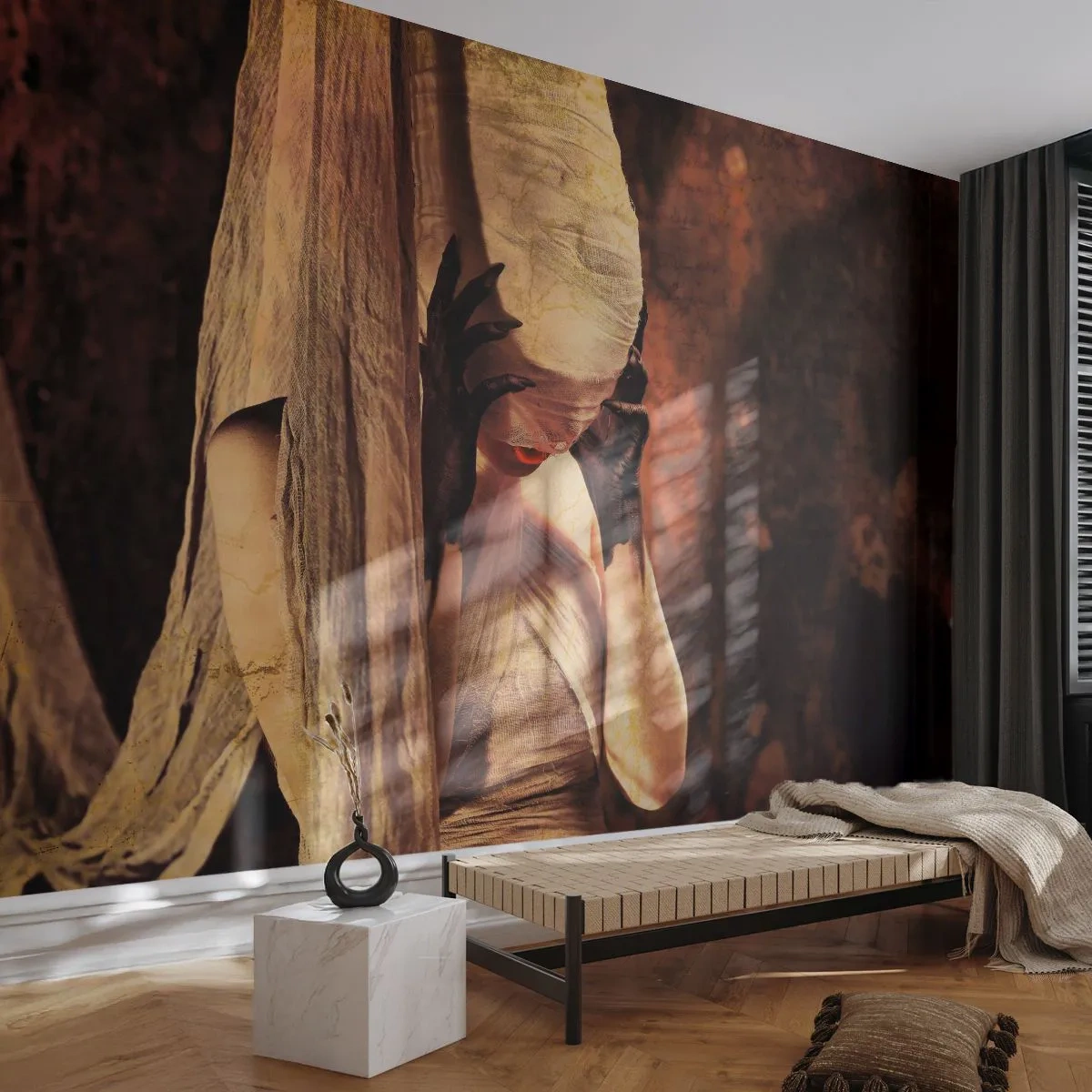 Fotomural Premium Sand - Una figura misteriosa envuelta en tela en un entorno oscuro. - 100x70cm - Entre el bien y el mal - Decoración de pared moderna para salón y dormitorio ARTTOR