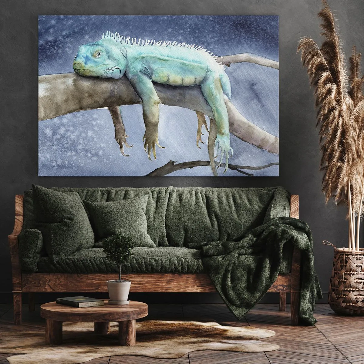 Cuadro sobre lienzo - Impresión de Imagen - Iguana azul descansando en una rama - 70x50cm - Me siento bien, ¿y tú? - Decoración de pared moderna para salón y dormitorio ARTTOR