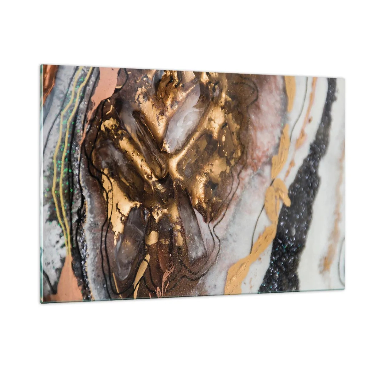 Cuadro sobre vidrio - Impresiones sobre Vidrio - Una pintura abstracta en tonos dorados, marrones y blancos con una textura mineral. - 120x80cm - Elemento de la tierra - Decoración de pared moderna para salón y dormitorio ARTTOR