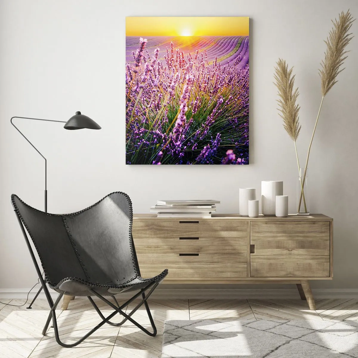 Cuadro sobre vidrio - Impresiones sobre Vidrio - Campo de lavanda al amanecer con un camino rocoso. - 50x70cm - Pradera fragante - Decoración de pared moderna para salón y dormitorio ARTTOR