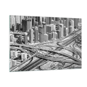 Cuadro sobre vidrio - Impresiones sobre Vidrio - Panorama en blanco y negro de la ciudad con un cruce de autopistas - 120x80cm - Dubái: la ciudad imposible - Decoración de pared moderna para salón y dormitorio ARTTOR