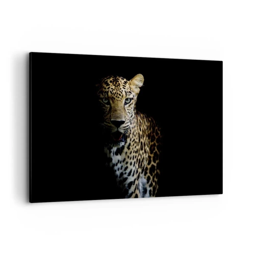 Cuadro sobre lienzo - Impresión de Imagen - Un leopardo sobre un fondo oscuro con una mirada intensa. - 120x80cm - Belleza oscura - Decoración de pared moderna para salón y dormitorio ARTTOR