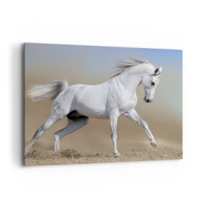 Cuadro sobre lienzo - Impresión de Imagen - Un caballo blanco galopando a través de un paisaje desértico. - 100x70cm - El más bello cuento de hadas árabe - Decoración de pared moderna para salón y dormitorio ARTTOR