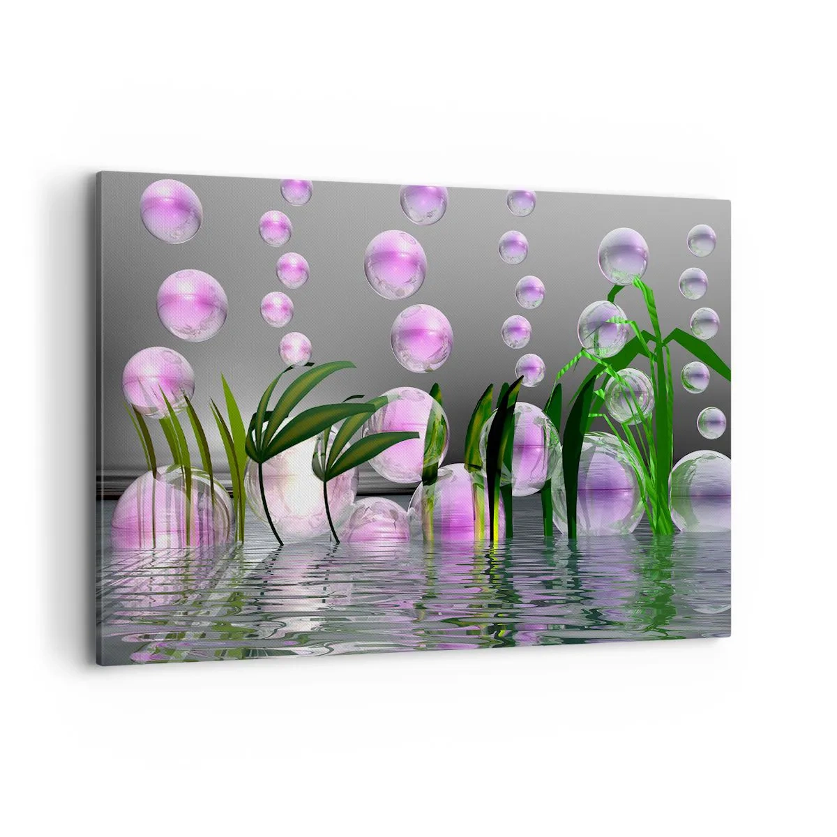 Cuadro sobre lienzo - Impresión de Imagen - Hojas verdes y burbujas rosadas sobre el agua sobre un fondo gris. - 120x80cm - Composición reflexiva de ligereza y vida - Decoración de pared moderna para salón y dormitorio ARTTOR