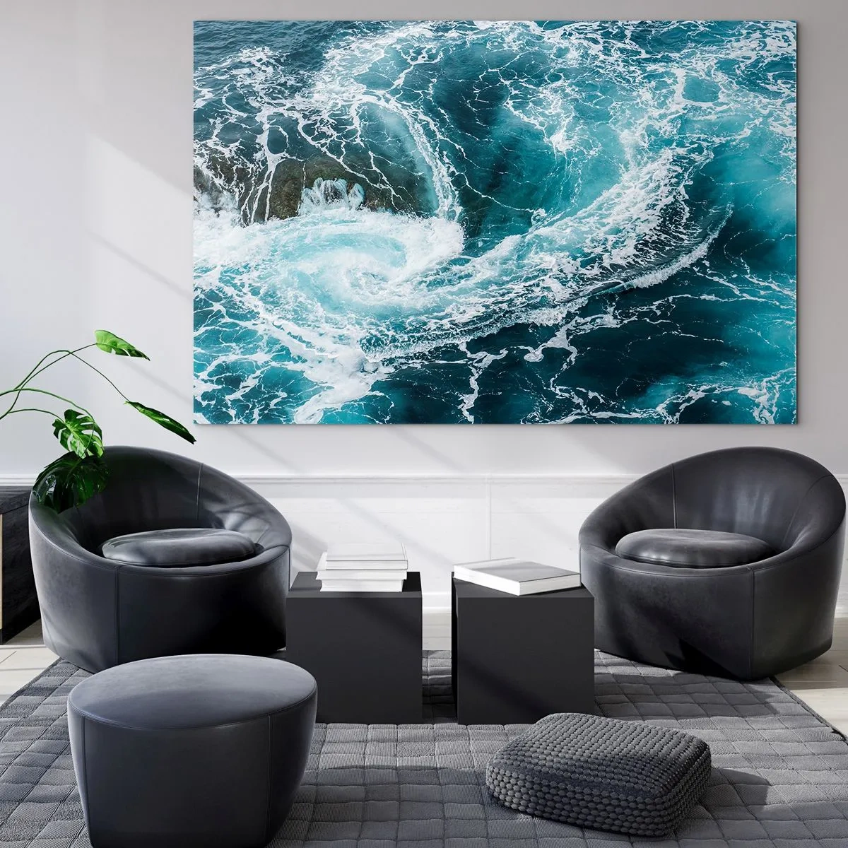 Cuadro sobre vidrio - Impresiones sobre Vidrio - Un remolino oceánico rodeado de olas blancas en agua azul. - 100x70cm - Torbellino al núcleo de la Tierra - Decoración de pared moderna para salón y dormitorio ARTTOR