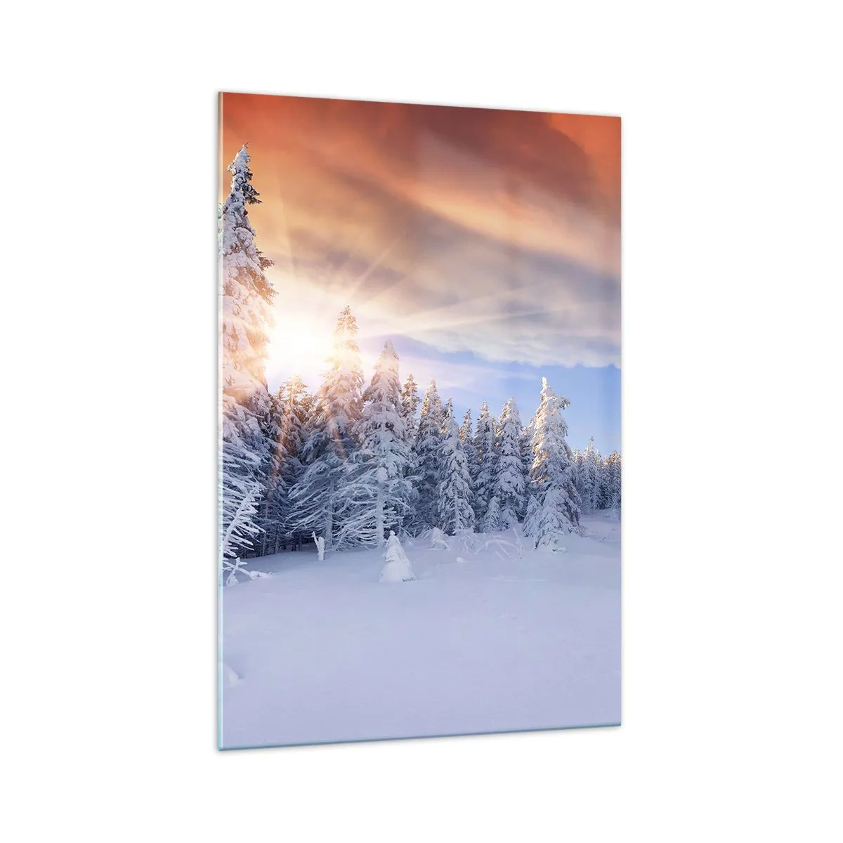 Cuadro sobre vidrio - Impresiones sobre Vidrio - Paisaje invernal con un bosque nevado al atardecer - 70x100cm - Un espectáculo de naturaleza nevada - Decoración de pared moderna para salón y dormitorio ARTTOR