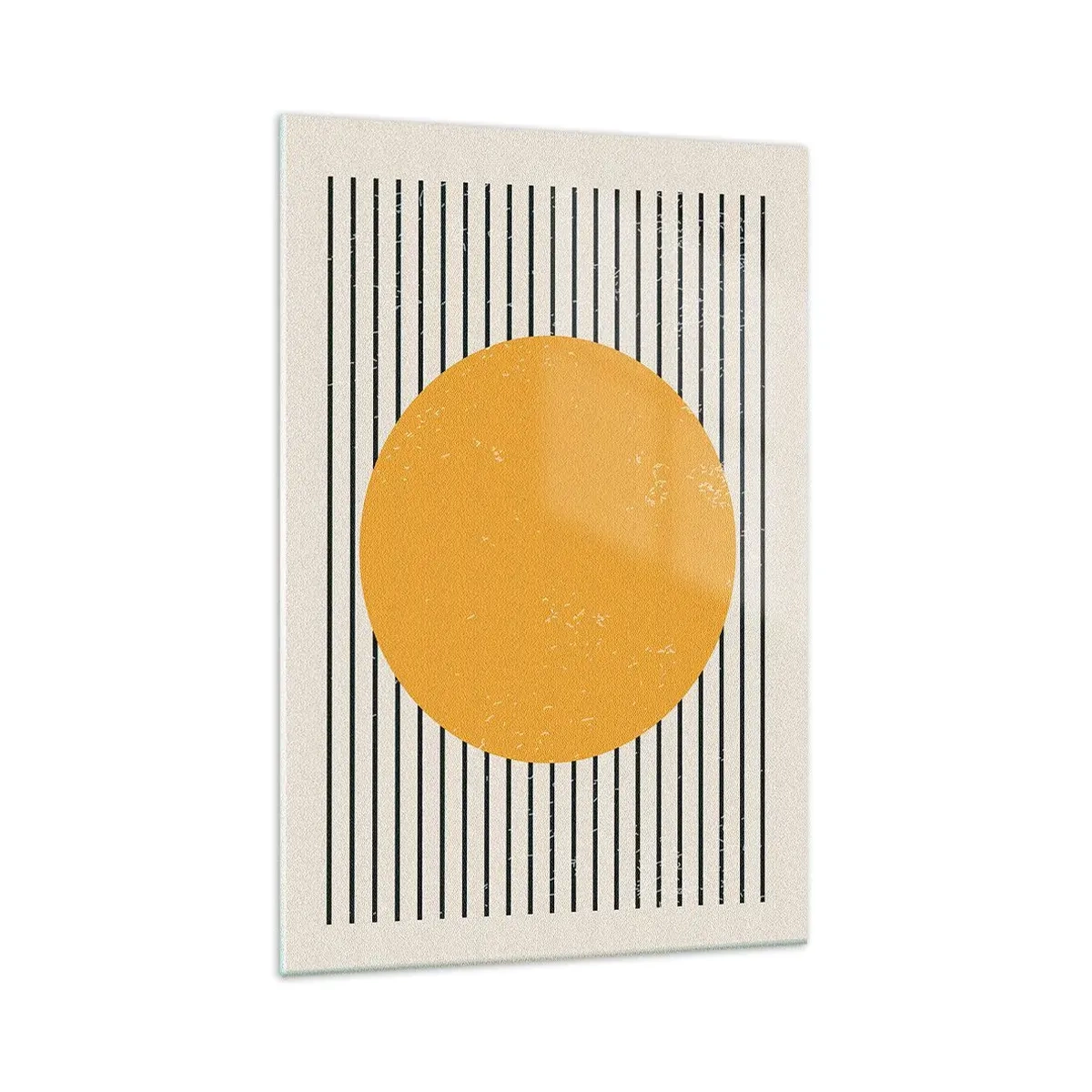 Cuadro sobre vidrio - Impresiones sobre Vidrio - Un círculo amarillo sobre un fondo de líneas horizontales blancas y negras. - 70x100cm - El poder de la sencillez - Decoración de pared moderna para salón y dormitorio ARTTOR