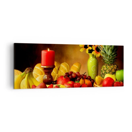 Cuadro sobre lienzo - Impresión de Imagen - Bodegón con fruta, pan, vela y flores. - 140x50cm - Bodegón con pan y fruta - Decoración de pared moderna para salón y dormitorio ARTTOR