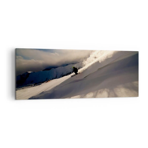 Cuadro sobre lienzo - Impresión de Imagen - Un esquiador en una pendiente rodeada de montañas y nieve. - 140x50cm - Reto de montaña asumido - Decoración de pared moderna para salón y dormitorio ARTTOR