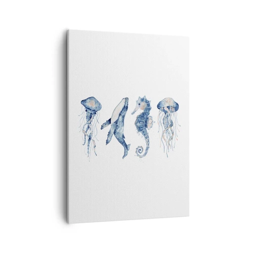 Cuadro sobre lienzo - Impresión de Imagen - Medusa, ballena y caballito de mar en estilo acuarela. - 50x70cm - Fauna marina - Decoración de pared moderna para salón y dormitorio ARTTOR