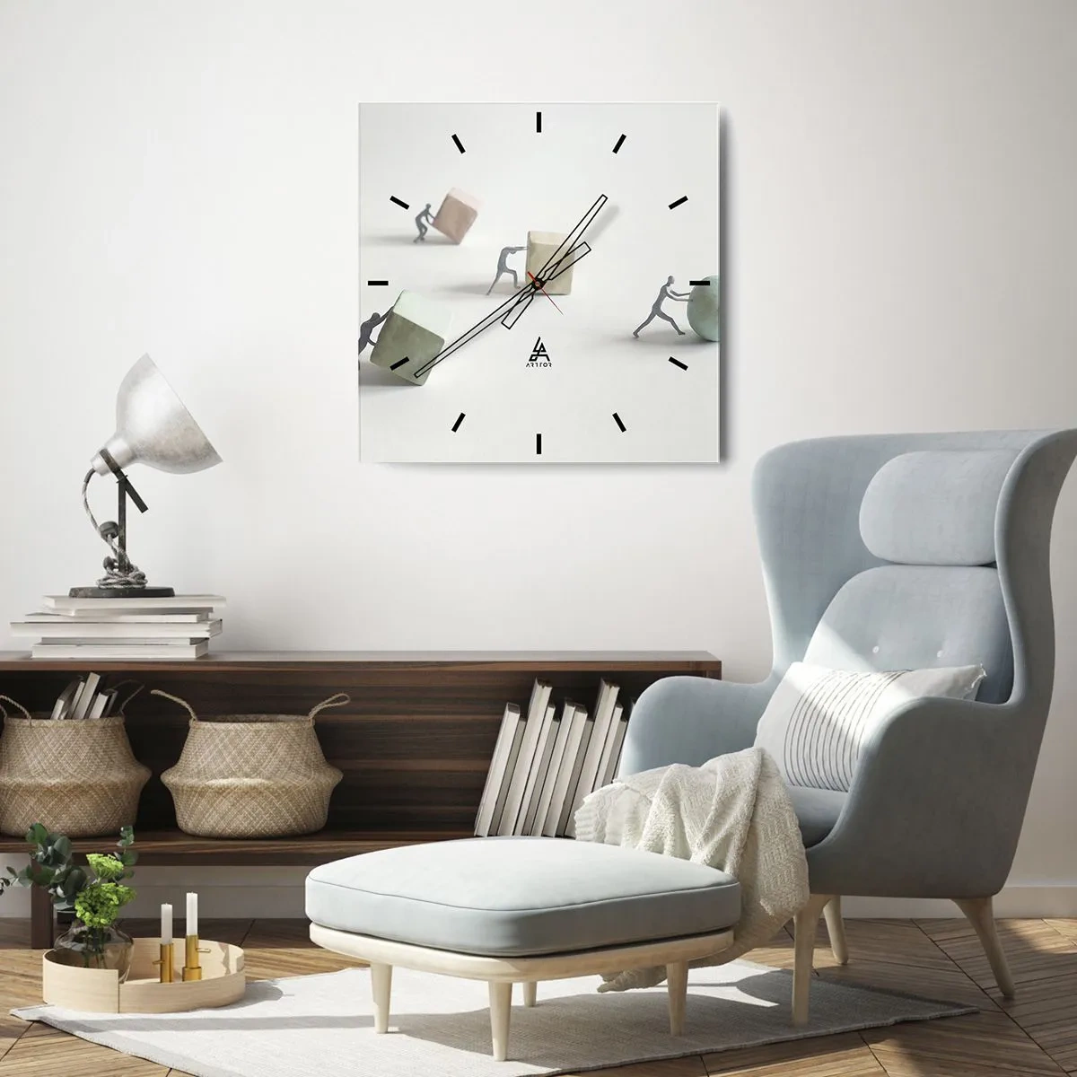 Reloj de pared - Reloj de vidrio - Figuras en miniatura que empujan formas contra un fondo claro. - 30x30cm - El avance de la geometría - Decoración de pared moderna para salón y dormitorio ARTTOR