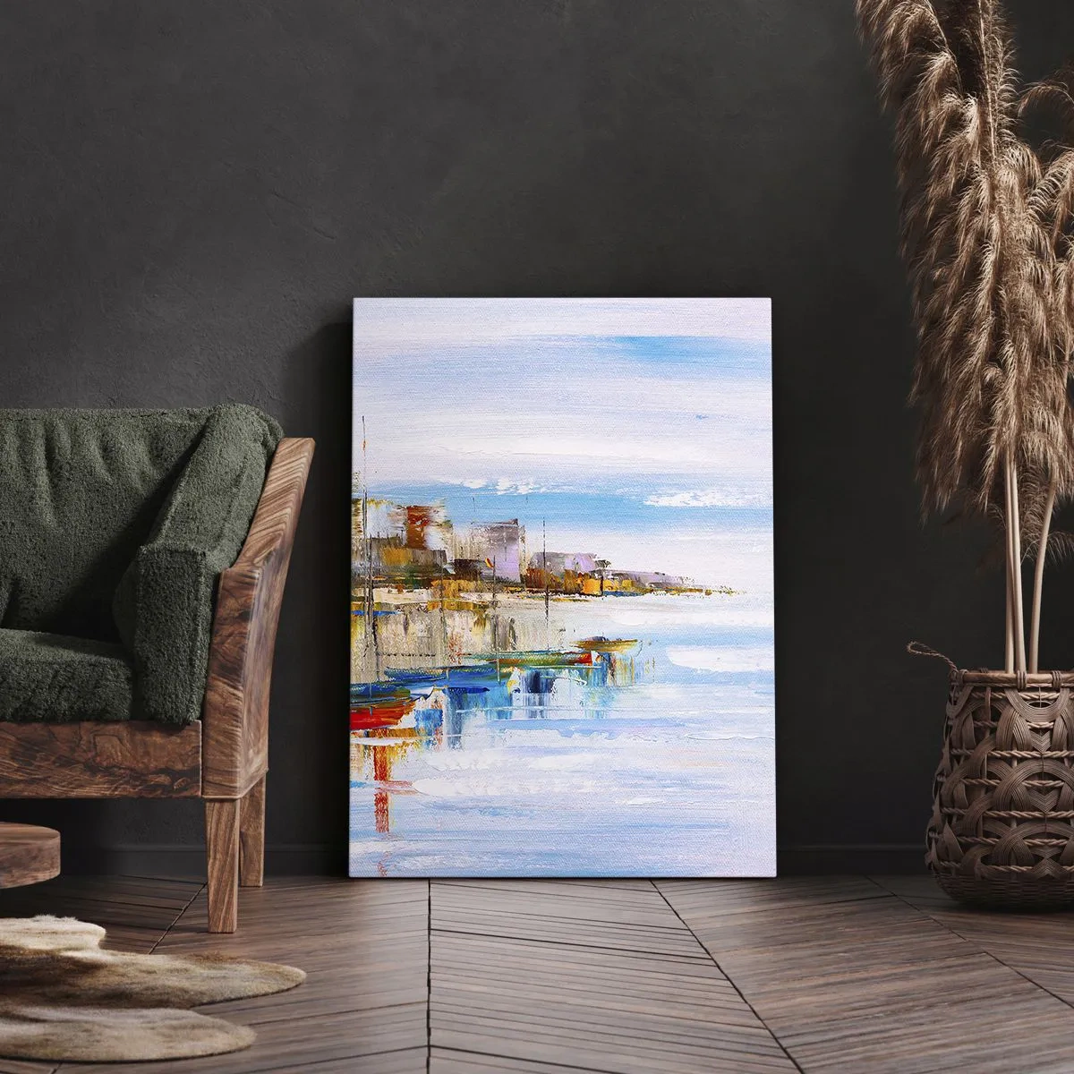 Cuadro sobre lienzo - Impresión de Imagen - Barcos coloridos en la orilla con vistas al horizonte de la ciudad - 70x100cm - Puerto urbano multicolor - Decoración de pared moderna para salón y dormitorio ARTTOR