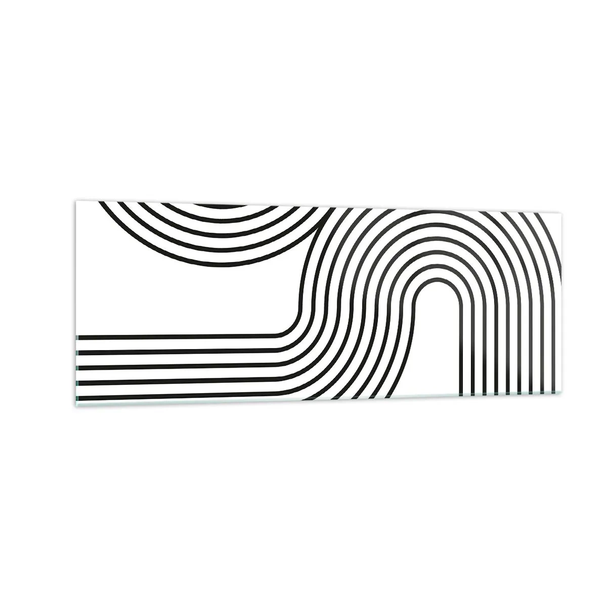 Cuadro sobre vidrio - Impresiones sobre Vidrio - Una pintura abstracta con líneas negras que crean patrones geométricos sobre un fondo blanco. - 140x50cm - En una curva - Decoración de pared moderna para salón y dormitorio ARTTOR