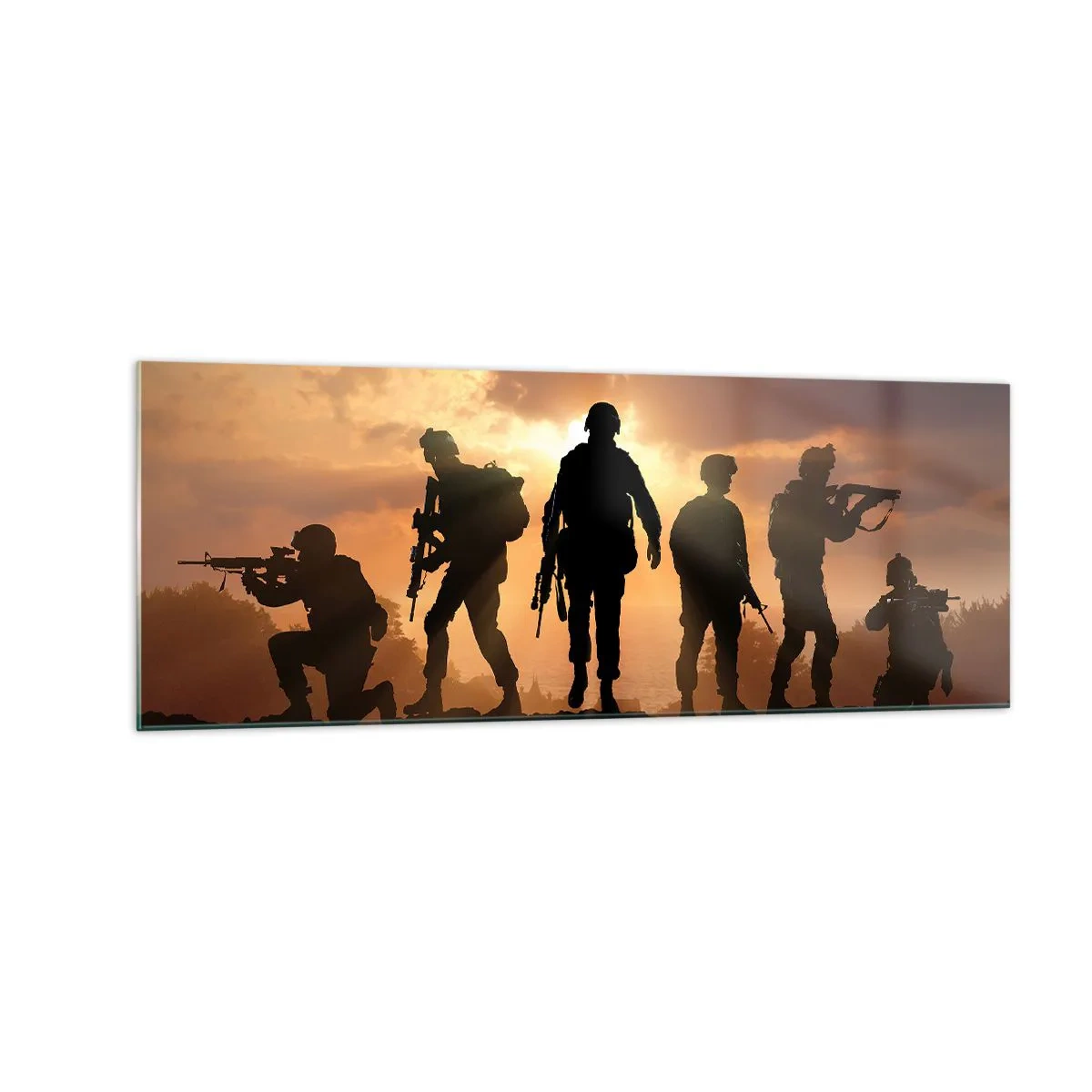 Cuadro sobre vidrio - Impresiones sobre Vidrio - Soldados con el sol poniente como telón de fondo en un entorno dinámico. - 140x50cm - Hermanos de armas - Decoración de pared moderna para salón y dormitorio ARTTOR