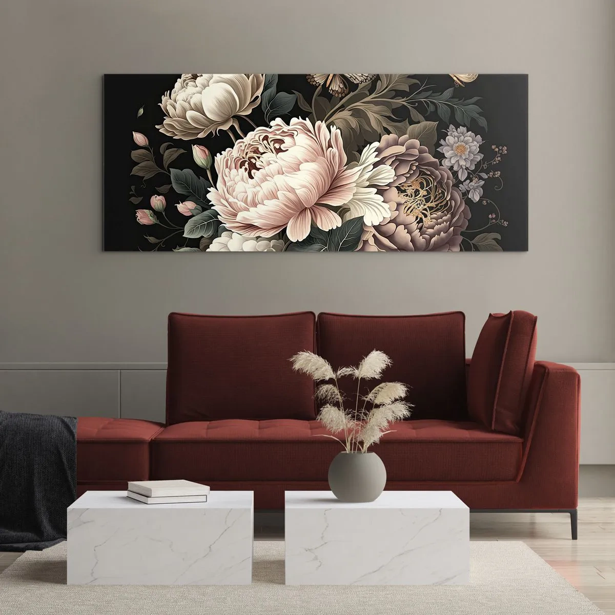Cuadro sobre vidrio - Impresiones sobre Vidrio - Un ramo de flores rosas y mariposas sobre un fondo negro. - 120x50cm - En estilo barroco - Decoración de pared moderna para salón y dormitorio ARTTOR