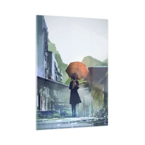 Cuadro sobre vidrio - Impresiones sobre Vidrio - Una figura con un paraguas naranja en una calle lluviosa. - 50x70cm - Una lluvia revitalizante - Decoración de pared moderna para salón y dormitorio ARTTOR