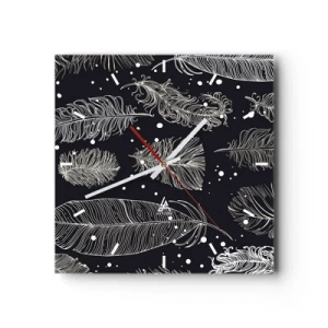 Reloj de pared - Reloj de vidrio - Delicadas plumas blancas sobre un fondo azul marino. - 30x30cm - Encaje de plumas - Decoración de pared moderna para salón y dormitorio ARTTOR