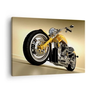 Cuadro sobre lienzo - Impresión de Imagen - Una motocicleta estilo chopper amarilla contra una pared beige - 70x50cm - Un sueño de fuerza y velocidad - Decoración de pared moderna para salón y dormitorio ARTTOR