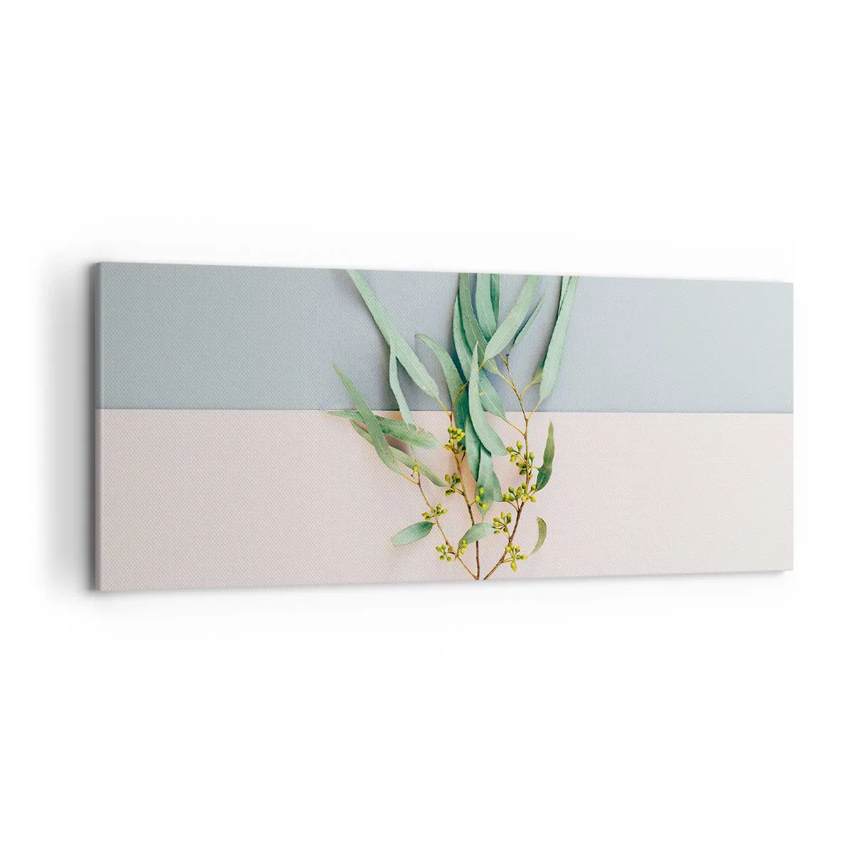 Cuadro sobre lienzo - Impresión de Imagen - Una rama con hojas sobre un fondo de tonos pastel. - 120x50cm - La sutileza del pastel - Decoración de pared moderna para salón y dormitorio ARTTOR