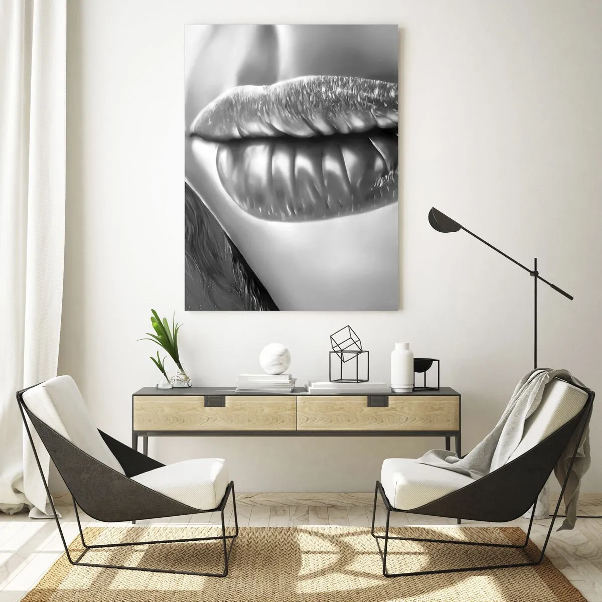 Cuadro sobre vidrio - Impresiones sobre Vidrio - Primer plano en blanco y negro de los labios de una mujer con efecto brillante y detalles. - 70x100cm - Sé lo que estás pensando... - Decoración de pared moderna para salón y dormitorio ARTTOR