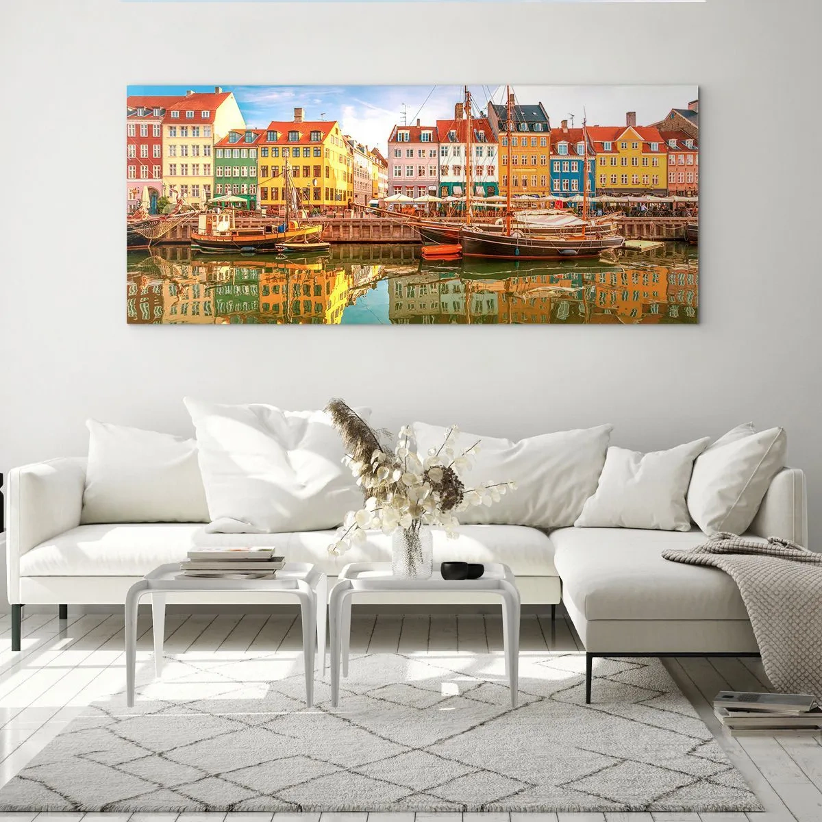 Cuadro sobre vidrio - Impresiones sobre Vidrio - Casas coloridas en los canales de Copenhague - 140x50cm - Sobre el agua tan suave como un espejo - Decoración de pared moderna para salón y dormitorio ARTTOR
