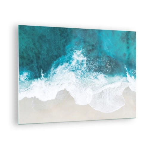 Cuadro sobre vidrio - Impresiones sobre Vidrio - Toma aérea de las olas del mar rompiendo contra la orilla. - 70x50cm - Una caricia natural - Decoración de pared moderna para salón y dormitorio ARTTOR
