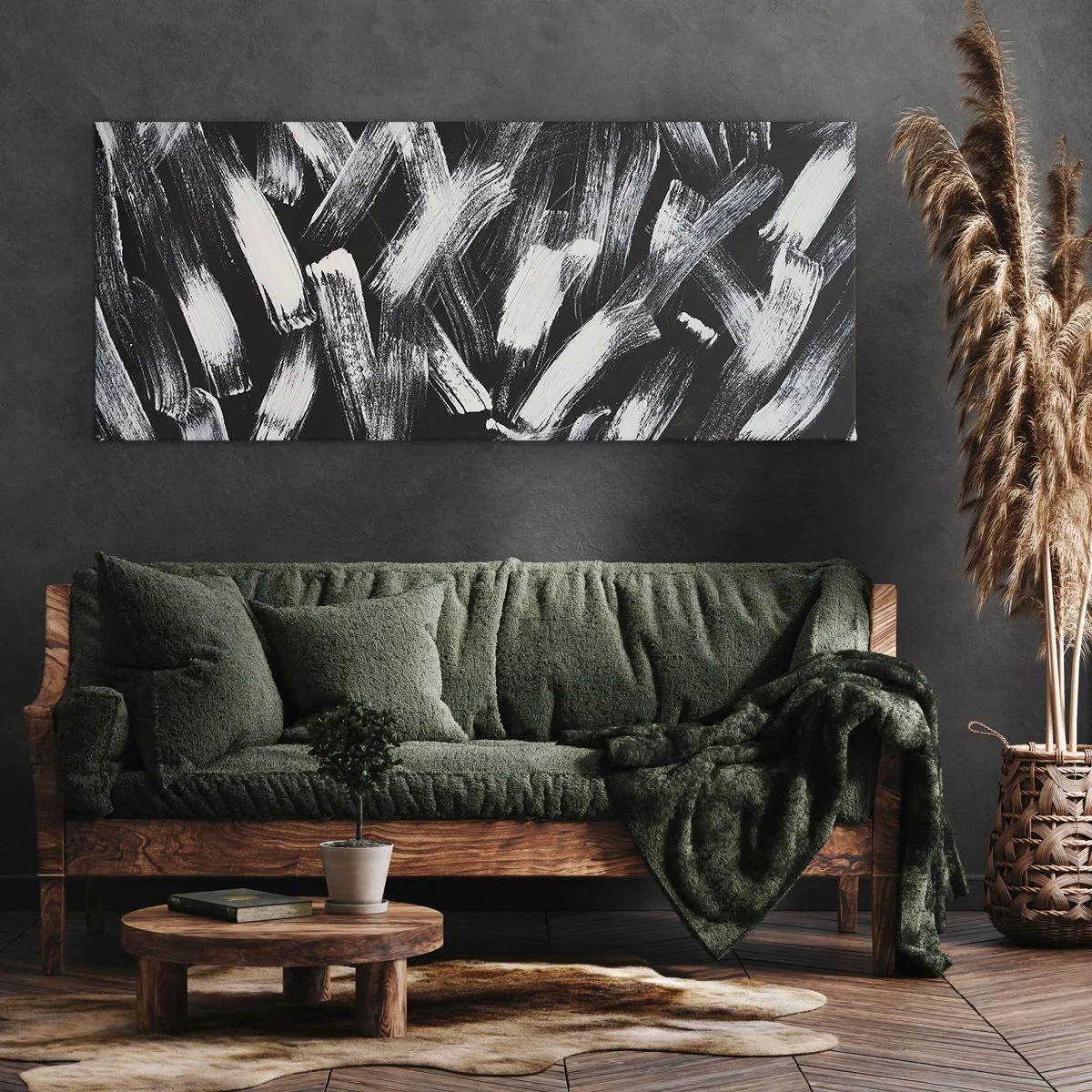 Cuadro sobre lienzo - Impresión de Imagen - Abstracción dinámica con pinceladas blancas sobre fondo negro. - 140x50cm - Abstracción en el espíritu industrial - Decoración de pared moderna para salón y dormitorio ARTTOR