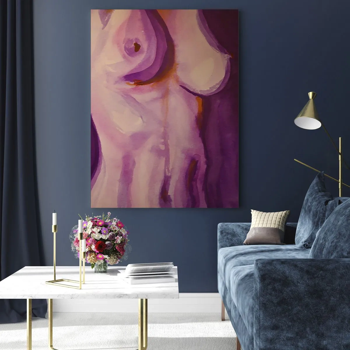 Cuadro sobre vidrio - Impresiones sobre Vidrio - Una interpretación abstracta de la silueta femenina en tonos rosas y morados. - 80x120cm - Una oda a la feminidad - Decoración de pared moderna para salón y dormitorio ARTTOR