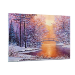 Cuadro sobre vidrio - Impresiones sobre Vidrio - Paisaje invernal con un puente y árboles cubiertos de nieve al atardecer. - 120x80cm - Reunámonos aquí - Decoración de pared moderna para salón y dormitorio ARTTOR