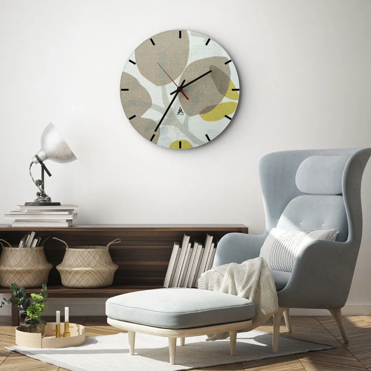 Reloj de pared - Reloj de vidrio - Hojas pastel y acentos amarillos sobre un fondo con textura de lino. - 30x30cm - Composición a pleno sol - Decoración de pared moderna para salón, cocina y dormitorio ARTTOR